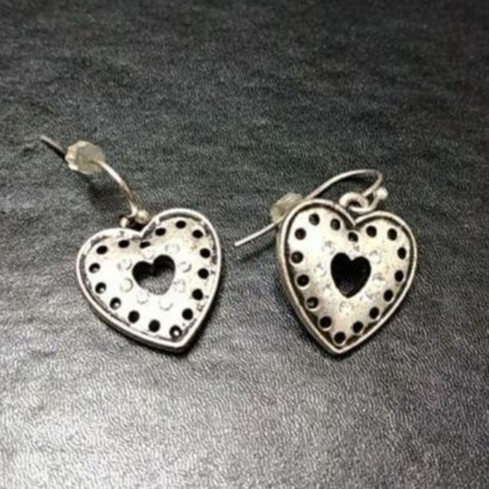 Silver Tone Heart Shaped Rhinestone Accent Dangling Earrings